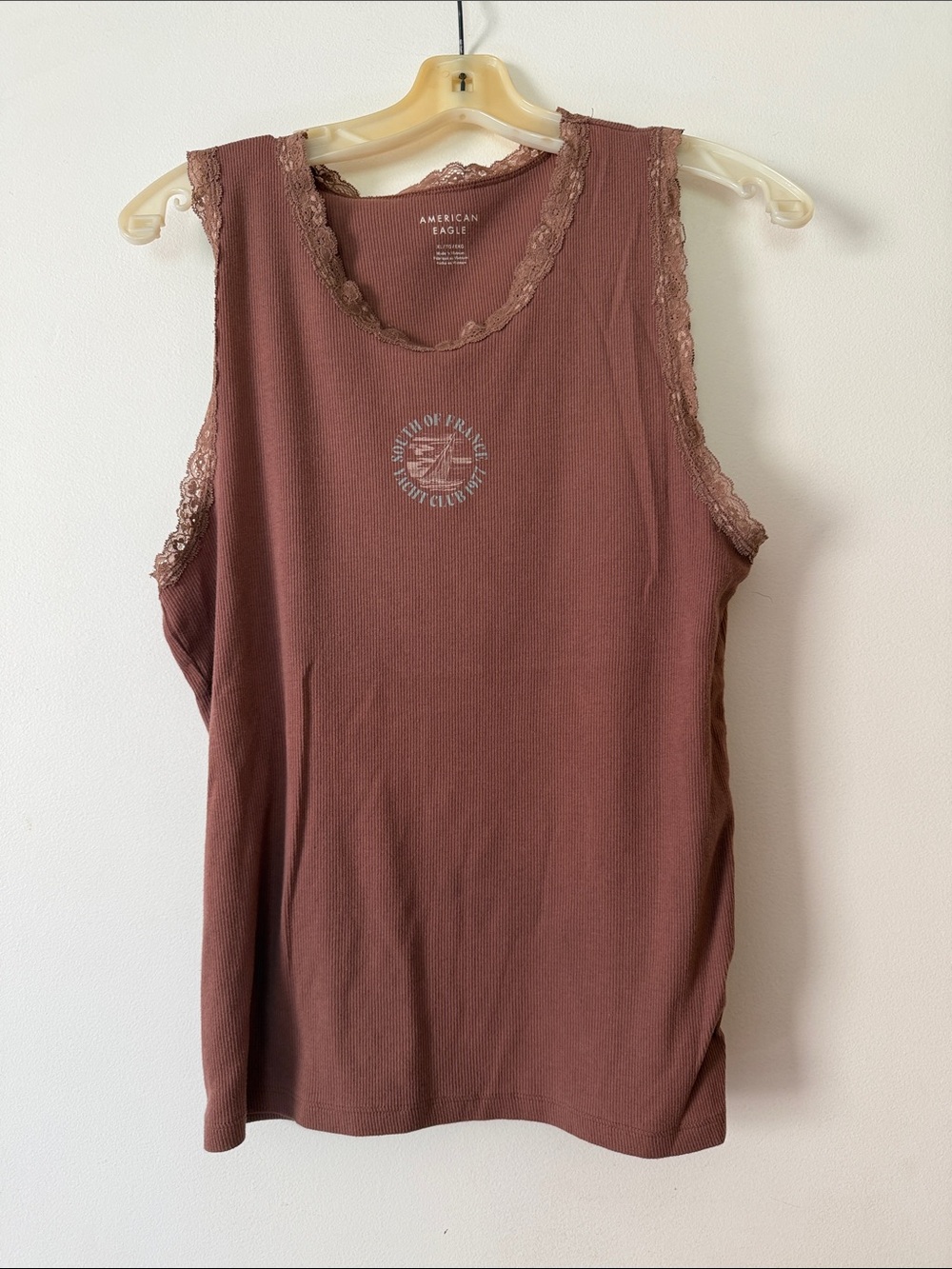 American Eagle Outfitters Lace-Trim Ribbed Tank Top - Mauve Brown